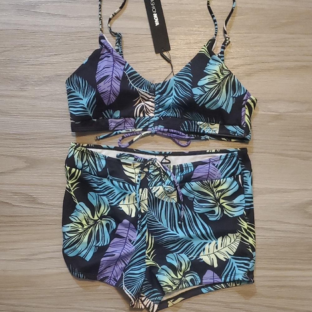 Fashion Nova Blue and Black Leaf Bikini